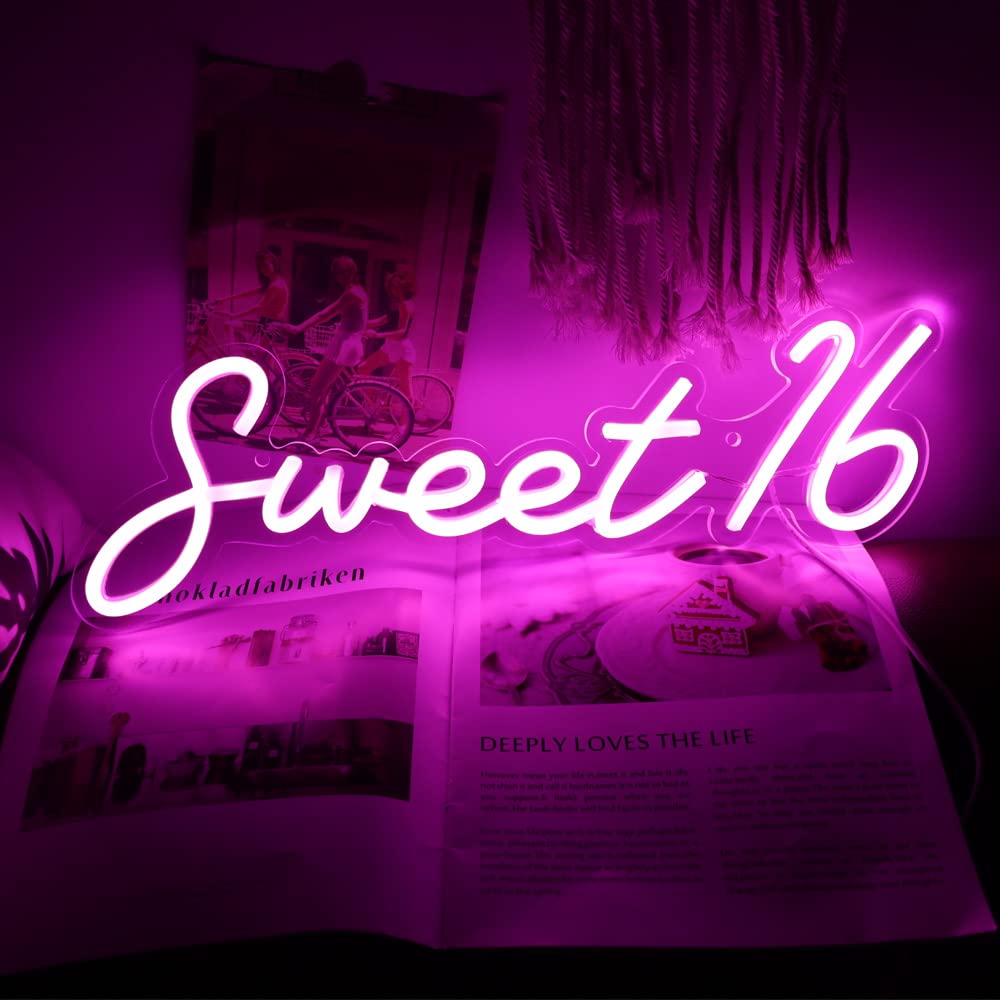 Vinray Sweet 16 LED Neon Sign for 16th Birthday Party Decorations